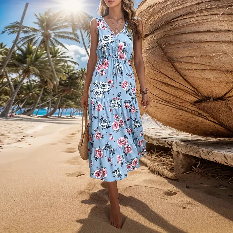 PEOPLETERRITORY New Hot Trade Long Dress New Summer New   Women's Printed Sleeveless Dress