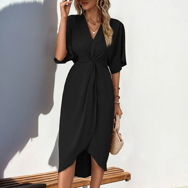 PEOPLETERRITORY New Hot Trade New New  Women's Clothing  Shoulder Sleeves Solid Color Irregular Dress