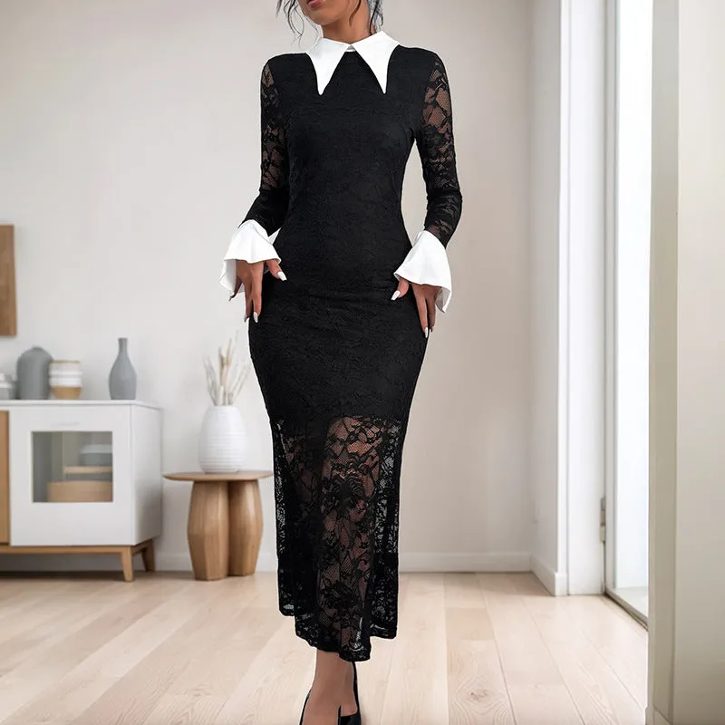 PEOPLETERRITORY  new lace splicing dress black and white contrasting color high-end elegant slim dress women