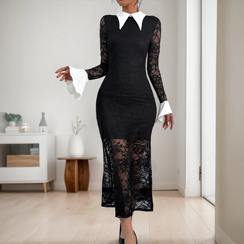 PEOPLETERRITORY  new lace splicing dress black and white contrasting color high-end elegant slim dress women