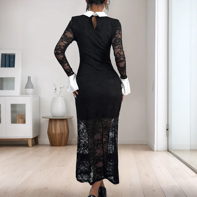 PEOPLETERRITORY  new lace splicing dress black and white contrasting color high-end elegant slim dress women