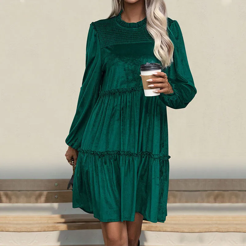 PEOPLETERRITORY   new long-sleeved solid color dress dark green velvet mid-skirt ruffle edge women's skirt