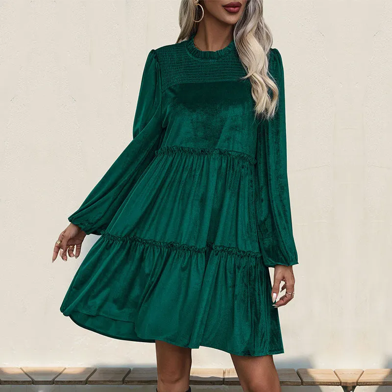 PEOPLETERRITORY   new long-sleeved solid color dress dark green velvet mid-skirt ruffle edge women's skirt