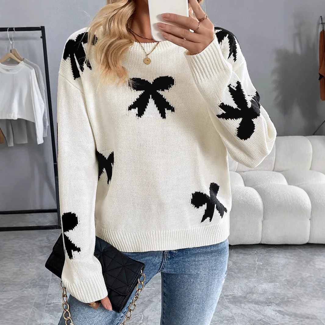 PEOPLETERRITORY New new  casual versatile simple high-end sweater  round neck bow jacquard autumn and winter sweater women