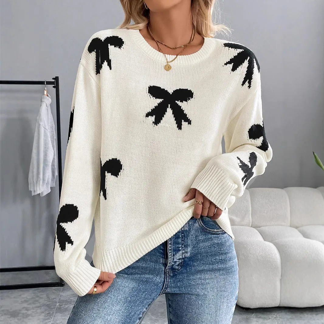 PEOPLETERRITORY New new  casual versatile simple high-end sweater  round neck bow jacquard autumn and winter sweater women