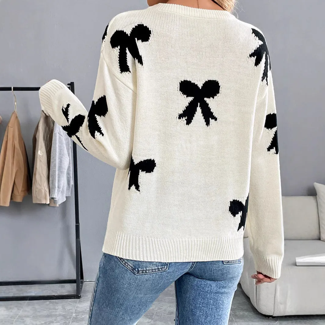 PEOPLETERRITORY New new  casual versatile simple high-end sweater  round neck bow jacquard autumn and winter sweater women