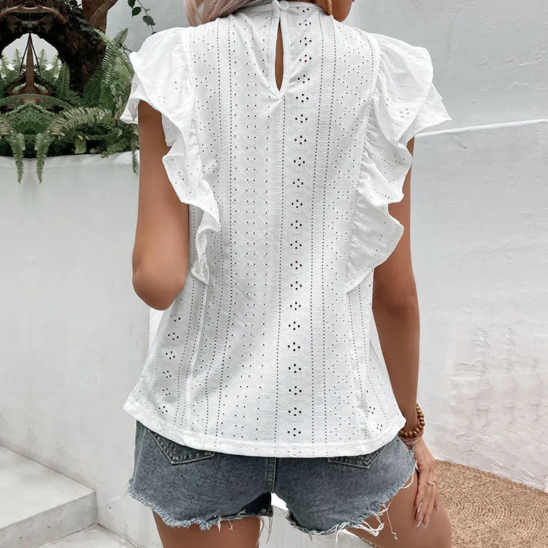 PEOPLETERRITORY New  New Summer New  Women's Clothing Lotus Leaf Edge White Casual Splicing Shirt Women