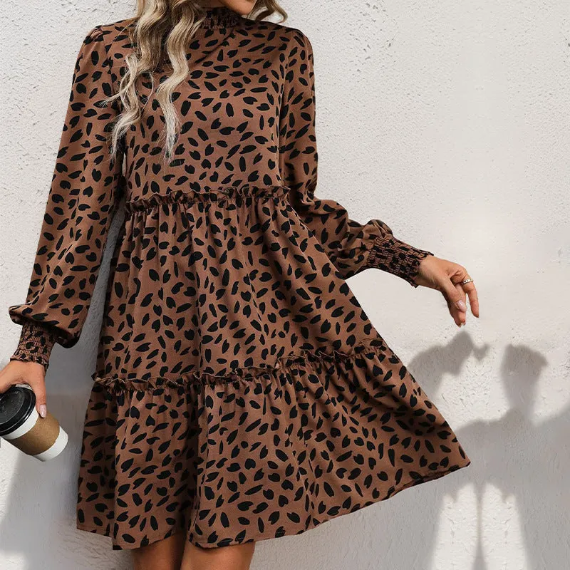 PEOPLETERRITORY popular splicing skirt New autumn new  women's clothing  leopard print long-sleeved dress