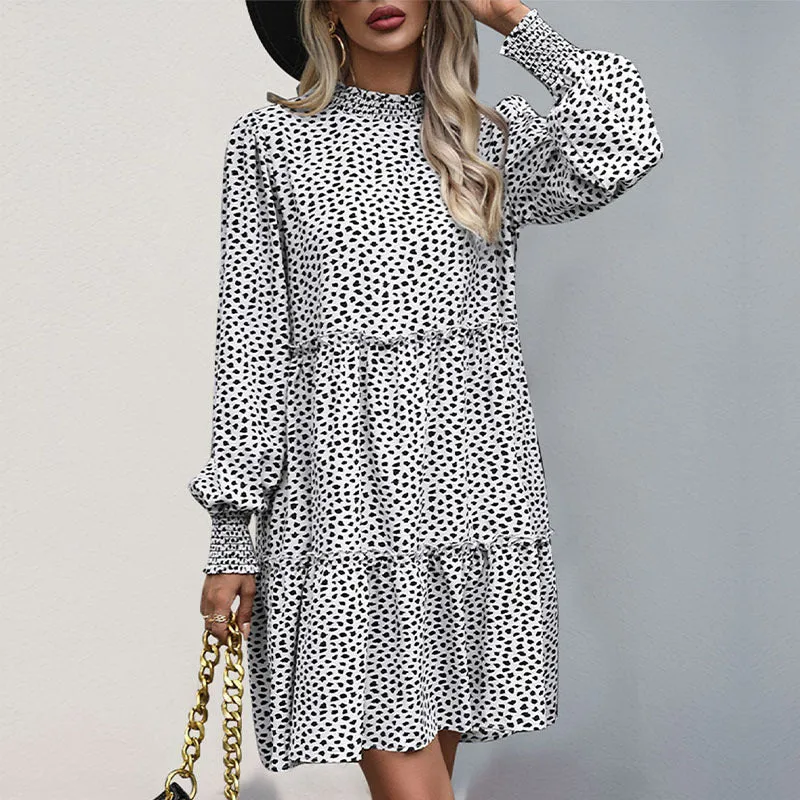 PEOPLETERRITORY popular splicing skirt New autumn new  women's clothing  leopard print long-sleeved dress