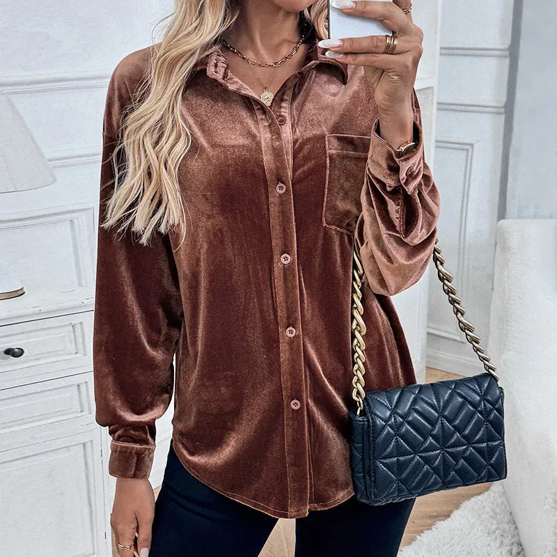 PEOPLETERRITORY  trade lapel shirt New autumn and winter new   long-sleeved velvet cardigan women's top