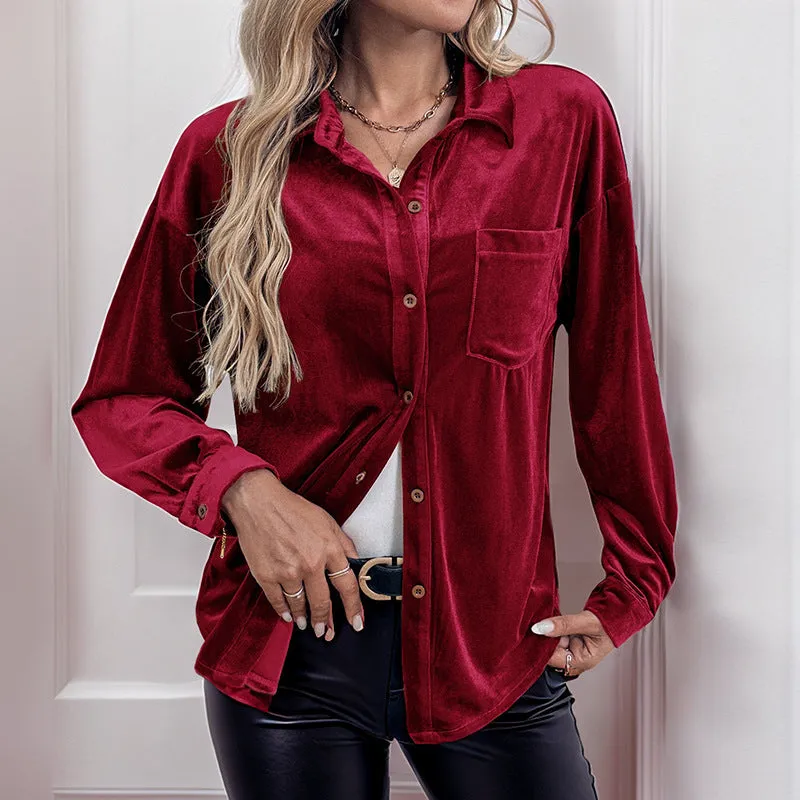 PEOPLETERRITORY  trade lapel shirt New autumn and winter new   long-sleeved velvet cardigan women's top