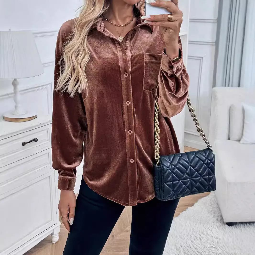 PEOPLETERRITORY  trade lapel shirt New autumn and winter new   long-sleeved velvet cardigan women's top