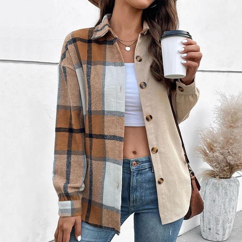 PEOPLETERRITORY   trade women's clothing new long-sleeved plaid top color matching  retro lapel cardigan jacket