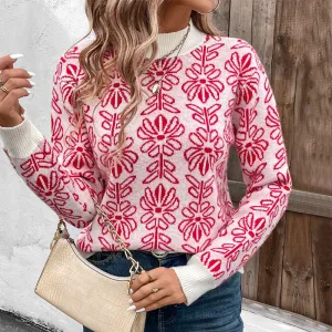 PEOPLETERRITORY Valentine's Day semi-turtleneck knitted sweater New autumn and winter  flowers jacquard pink sweater women