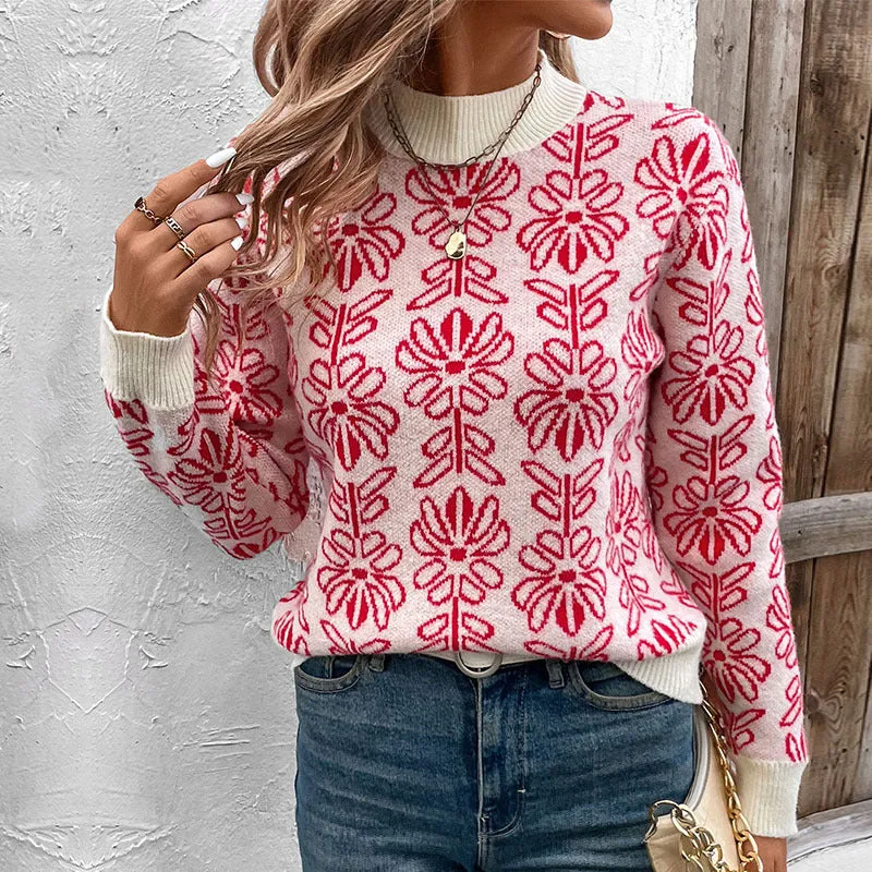 PEOPLETERRITORY Valentine's Day semi-turtleneck knitted sweater New autumn and winter  flowers jacquard pink sweater women