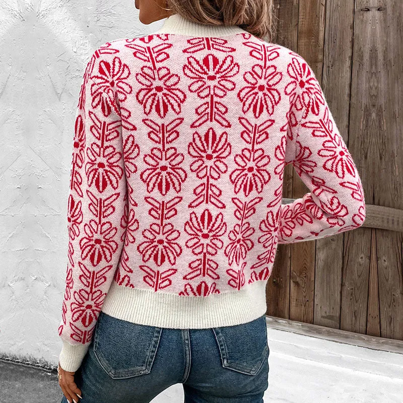 PEOPLETERRITORY Valentine's Day semi-turtleneck knitted sweater New autumn and winter  flowers jacquard pink sweater women