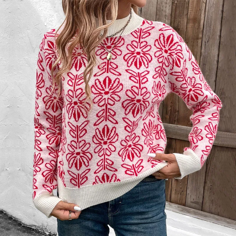 PEOPLETERRITORY Valentine's Day semi-turtleneck knitted sweater New autumn and winter  flowers jacquard pink sweater women