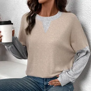 PEOPLETERRITORY   women's clothing autumn and winter round neck contrasting color splicing sweater casual versatile loose T-shirt top women