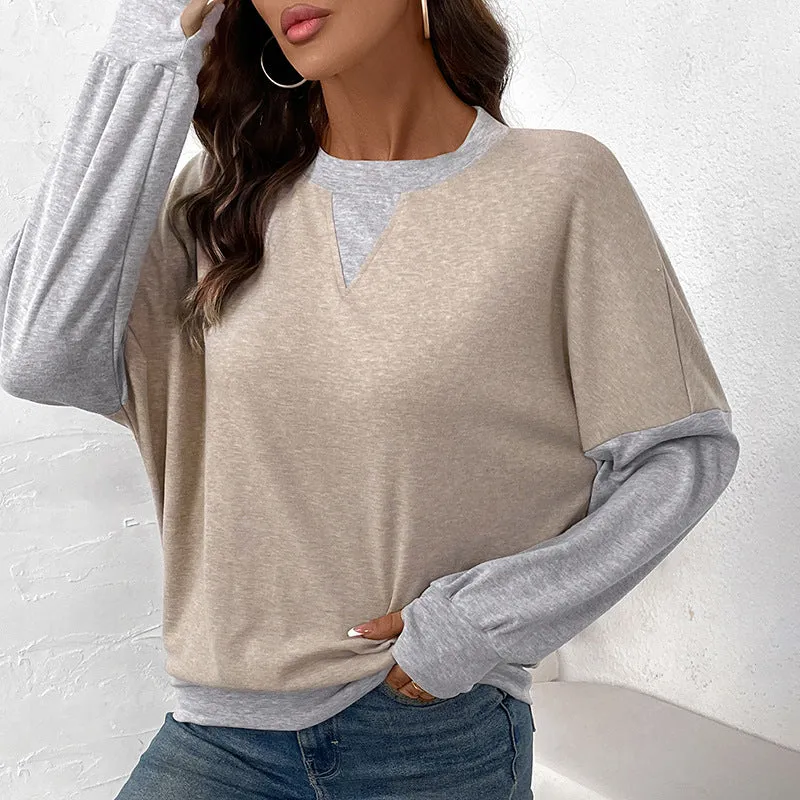 PEOPLETERRITORY   women's clothing autumn and winter round neck contrasting color splicing sweater casual versatile loose T-shirt top women