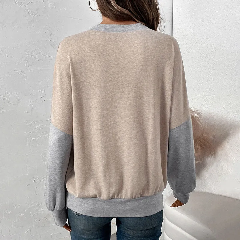 PEOPLETERRITORY   women's clothing autumn and winter round neck contrasting color splicing sweater casual versatile loose T-shirt top women