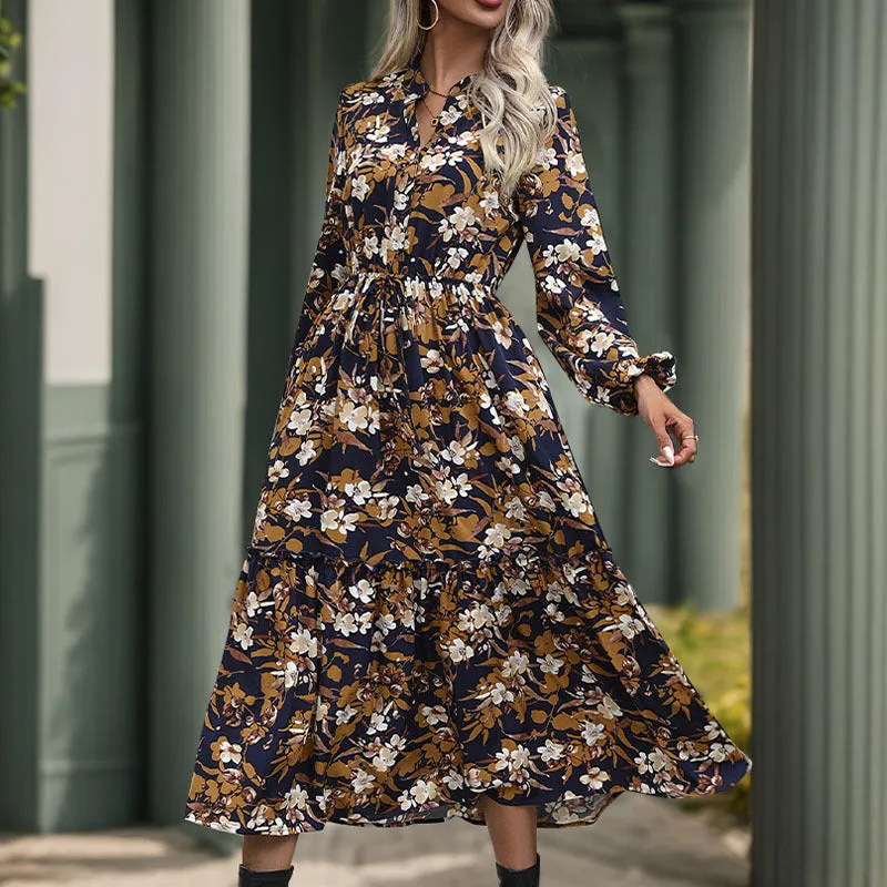 PEOPLETERRITORY Yama New new autumn  women's clothing retro printing dress  temperament elegant V-neck skirt women