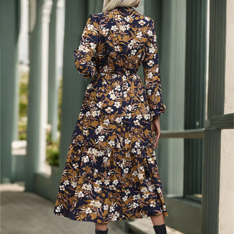 PEOPLETERRITORY Yama New new autumn  women's clothing retro printing dress  temperament elegant V-neck skirt women