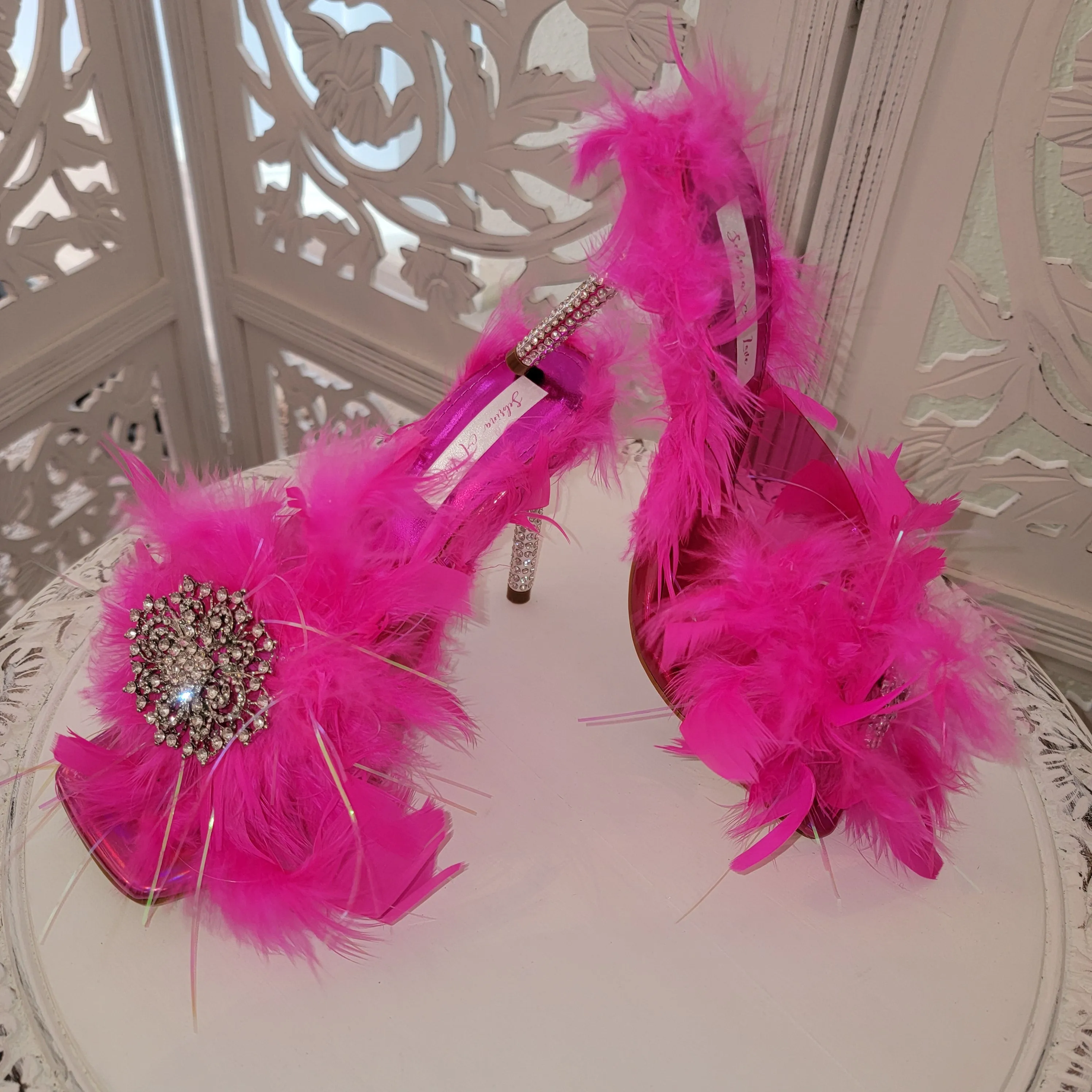 "LAYLA" Hot Pink Crystal Feather Barbielicous Heels