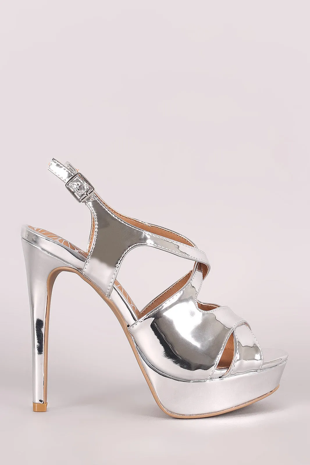 Qupid Mirror Metallic Crisscross Platform Heel