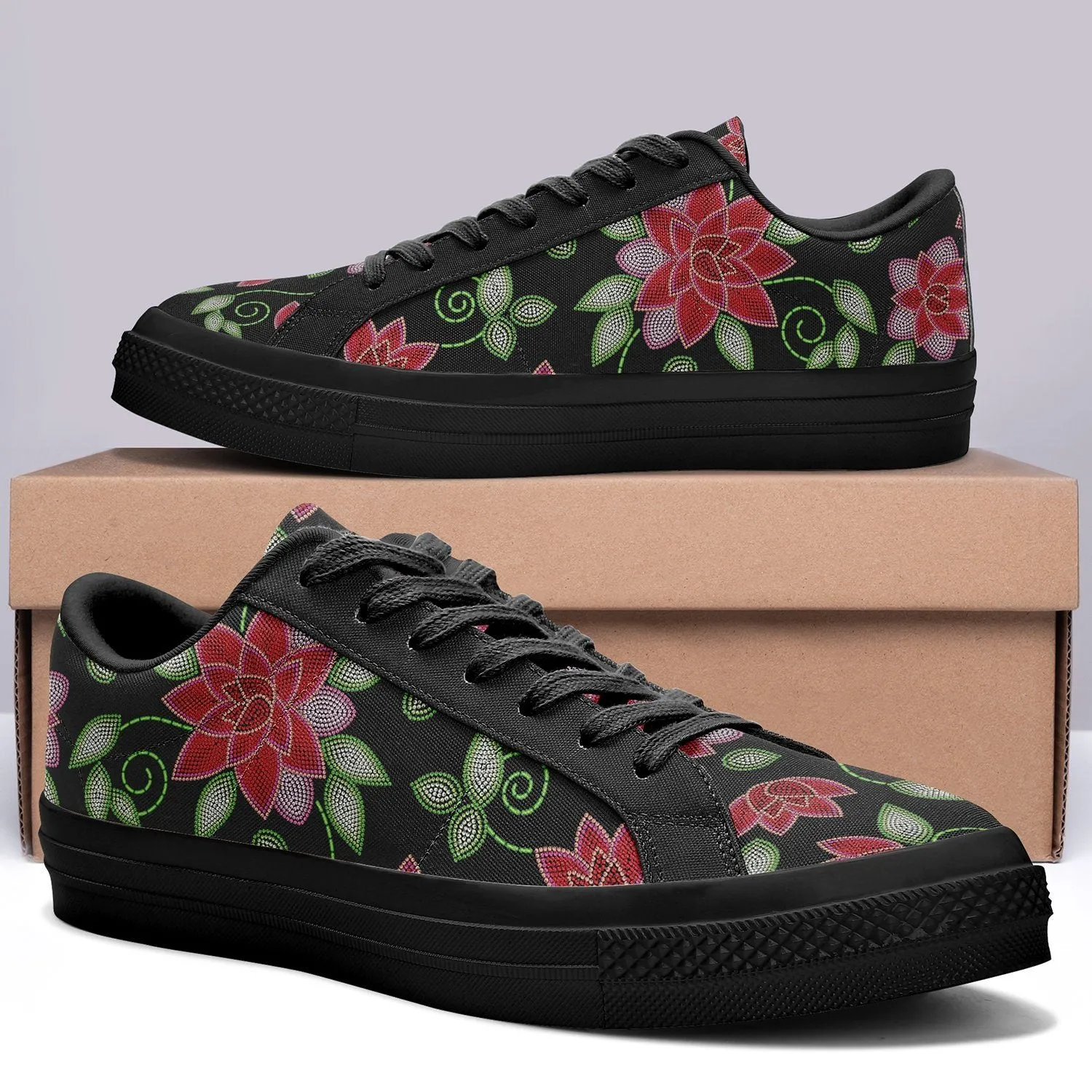 Red Beaded Rose Aapisi Low Top Canvas Shoes Black Sole