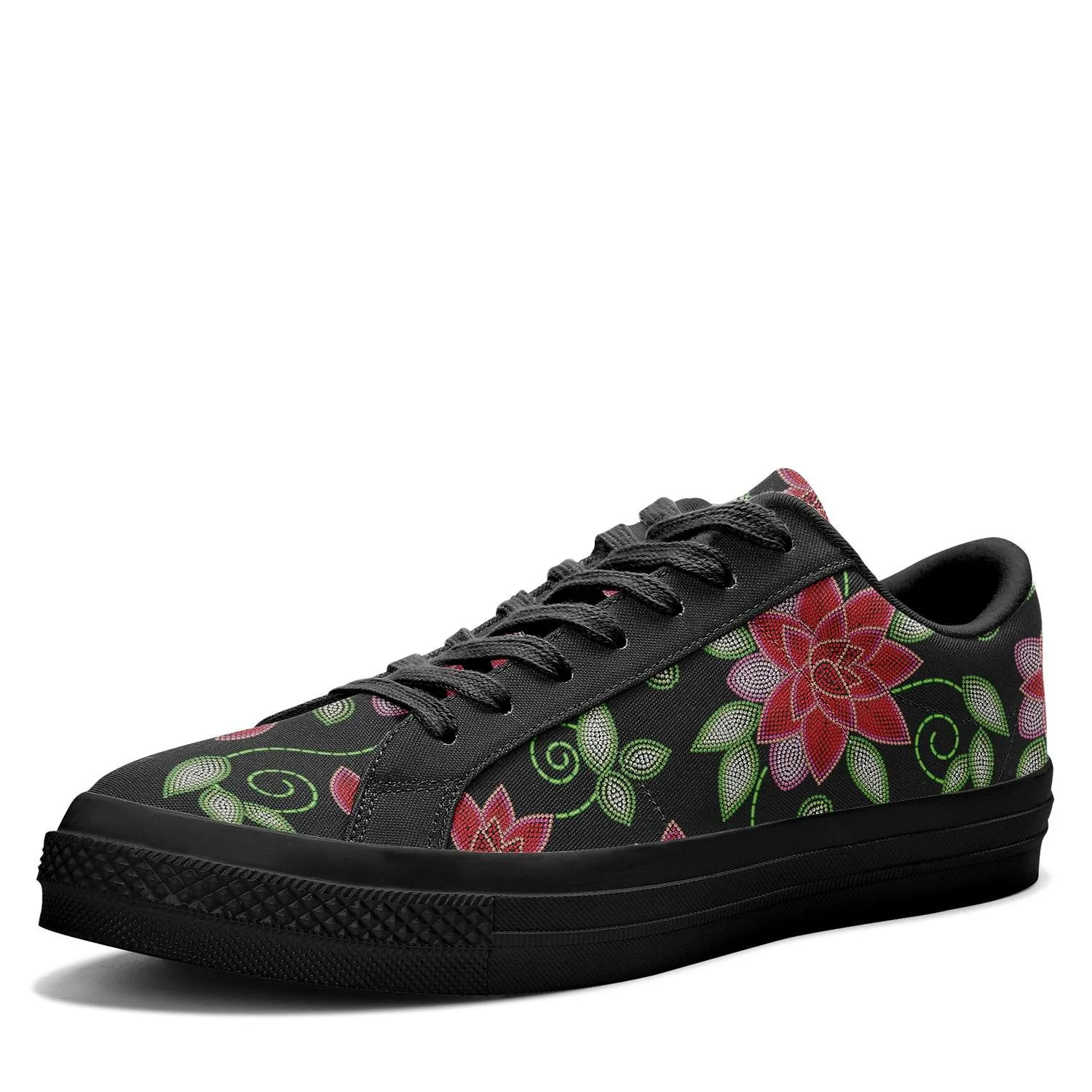 Red Beaded Rose Aapisi Low Top Canvas Shoes Black Sole