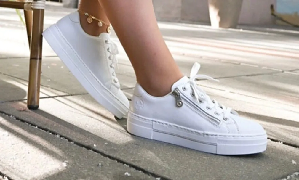 Rieker N4921-81 White Leather Flatform Trainers