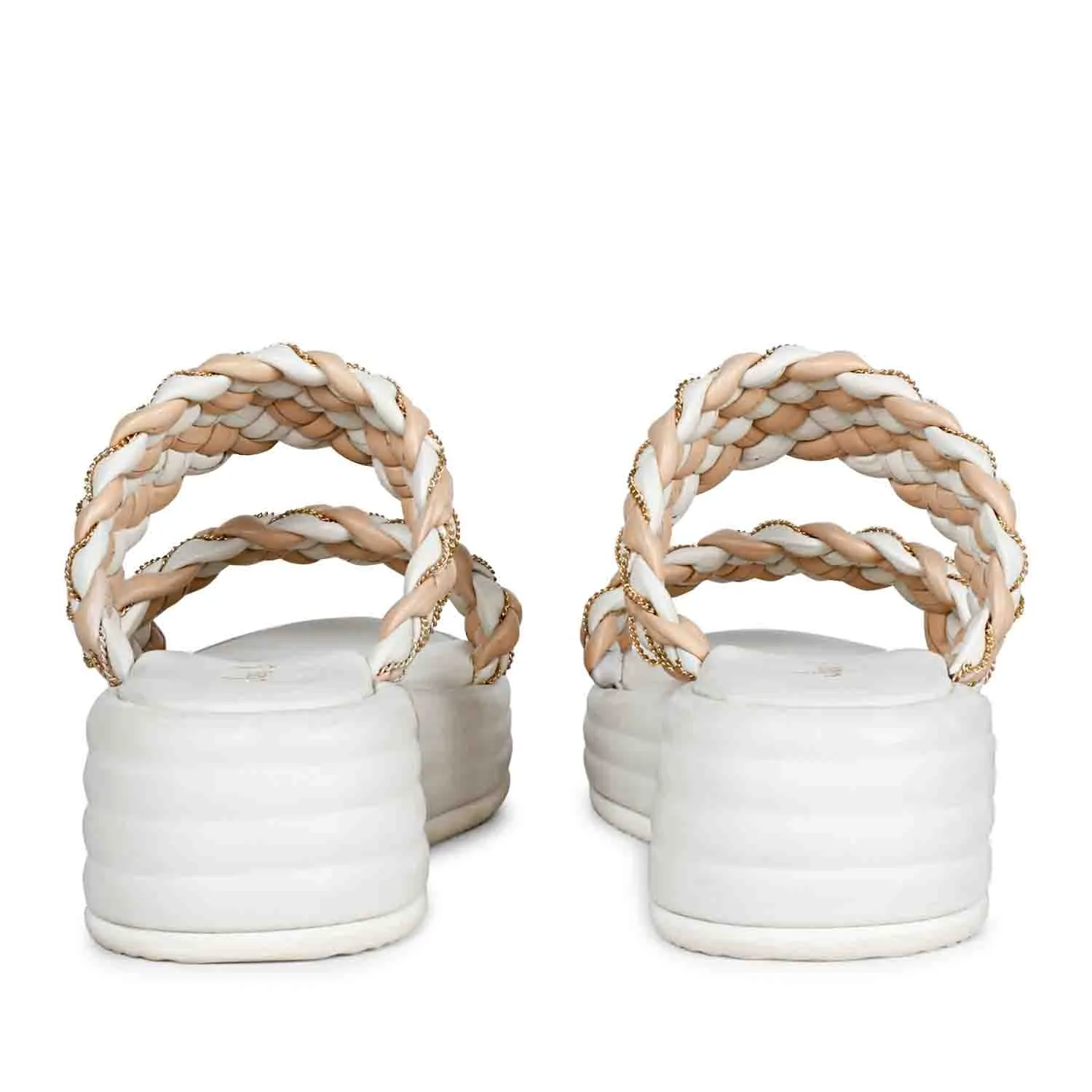 Saint Flurina Chain Embellished Beige Woven Leather Platform Sandals