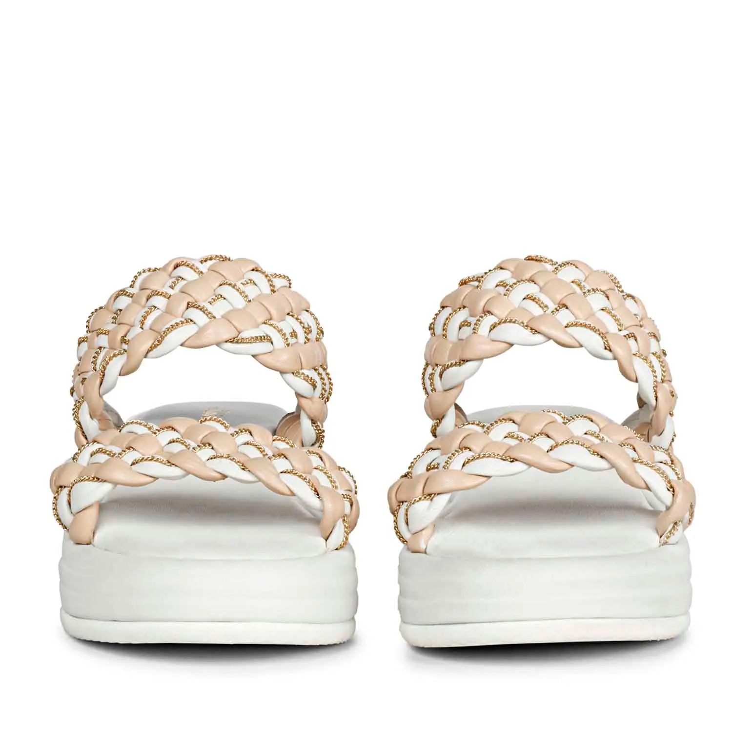 Saint Flurina Chain Embellished Beige Woven Leather Platform Sandals