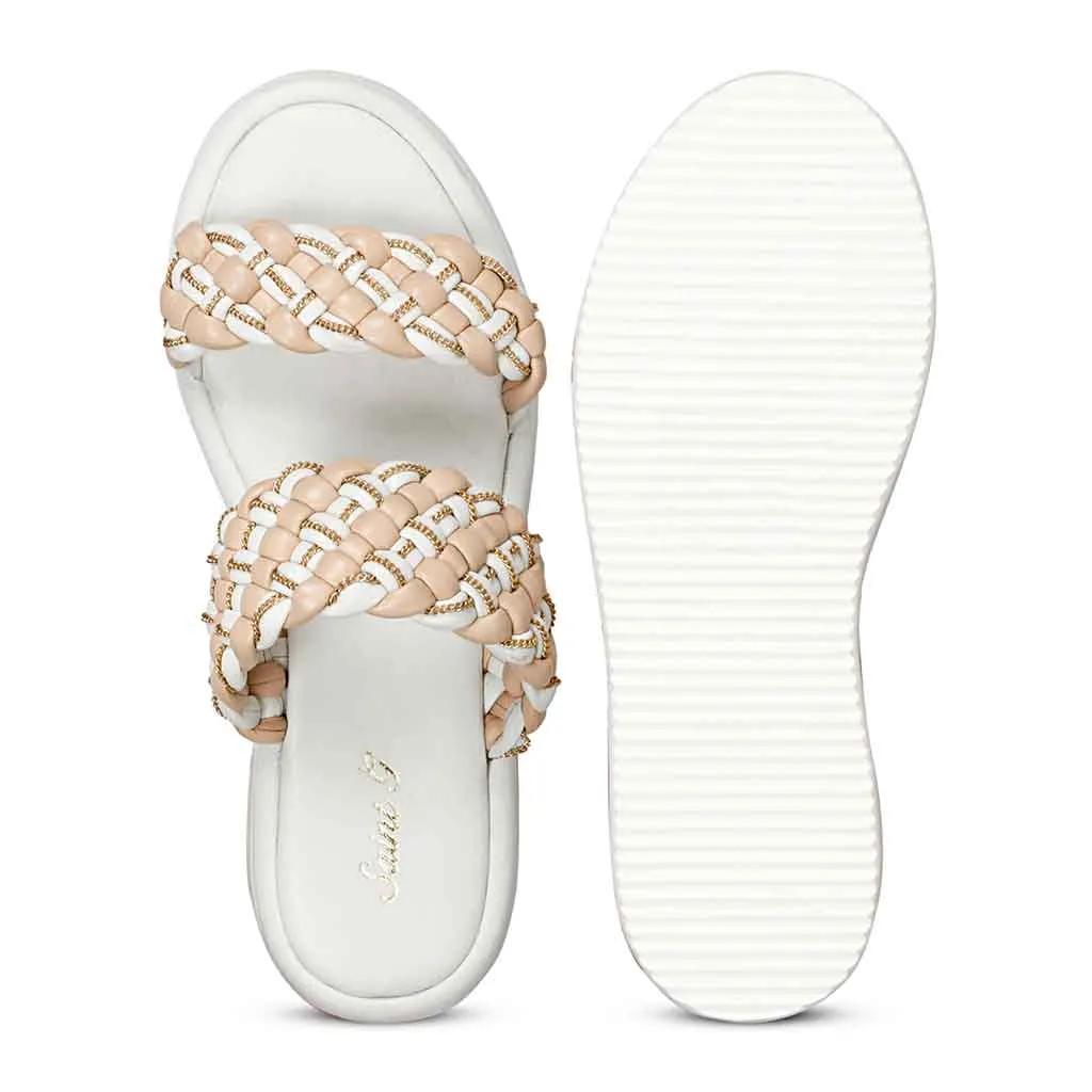 Saint Flurina Chain Embellished Beige Woven Leather Platform Sandals