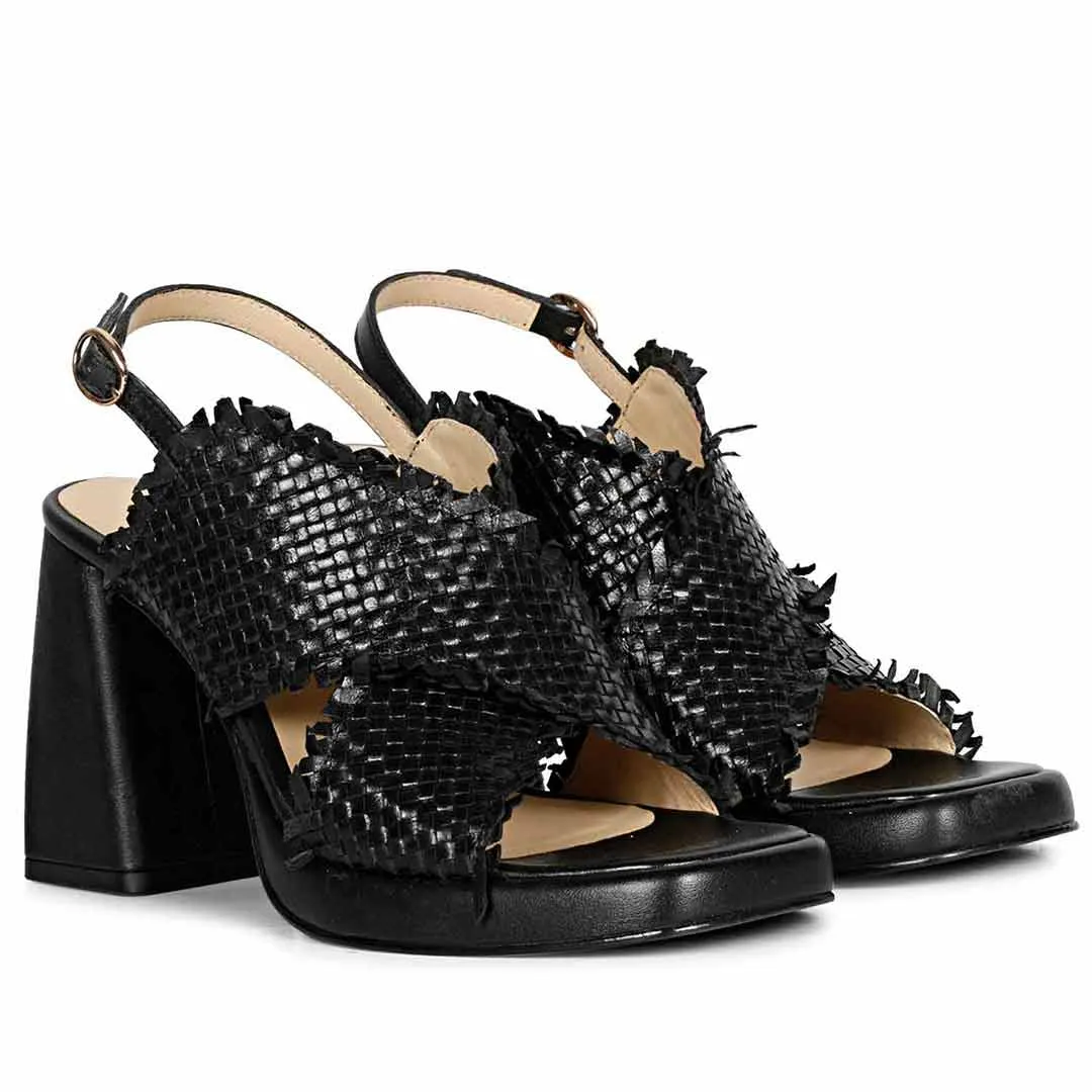 Saint Shelby Black Cross-Over Woven Leather Block Heels