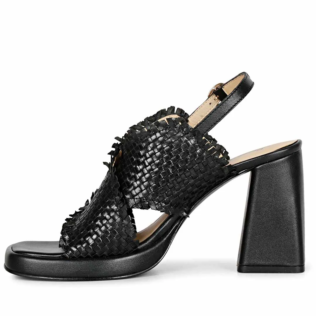 Saint Shelby Black Cross-Over Woven Leather Block Heels