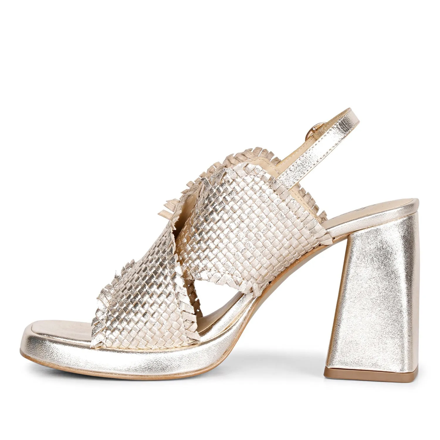 Saint Shelby Gold Metallic Crisscross Fringed Woven Leather Block Heels