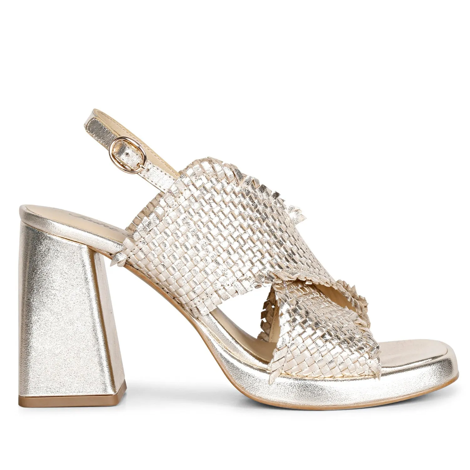 Saint Shelby Gold Metallic Crisscross Fringed Woven Leather Block Heels