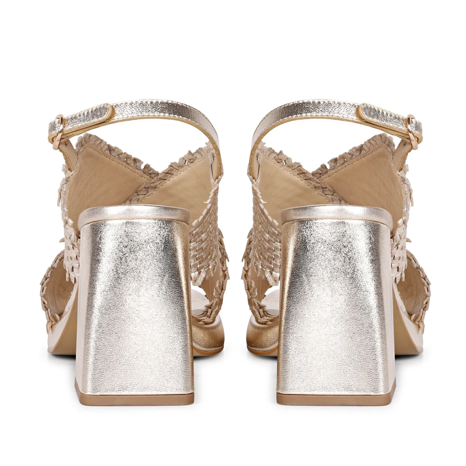 Saint Shelby Gold Metallic Crisscross Fringed Woven Leather Block Heels