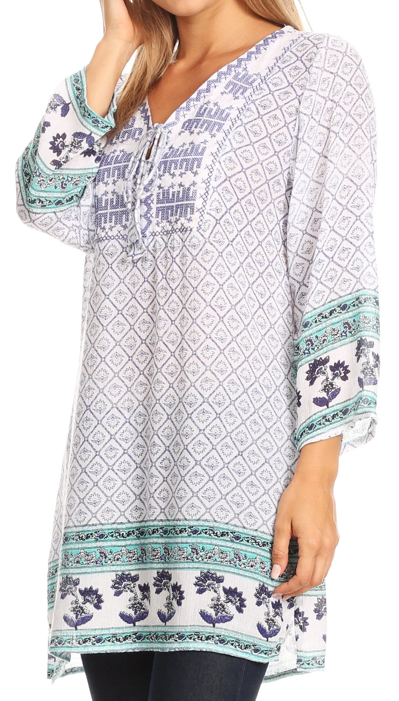 Sakkas Dalila Soft Crinckle Damask Printed Rayon Tunic Blouse with Embroidery