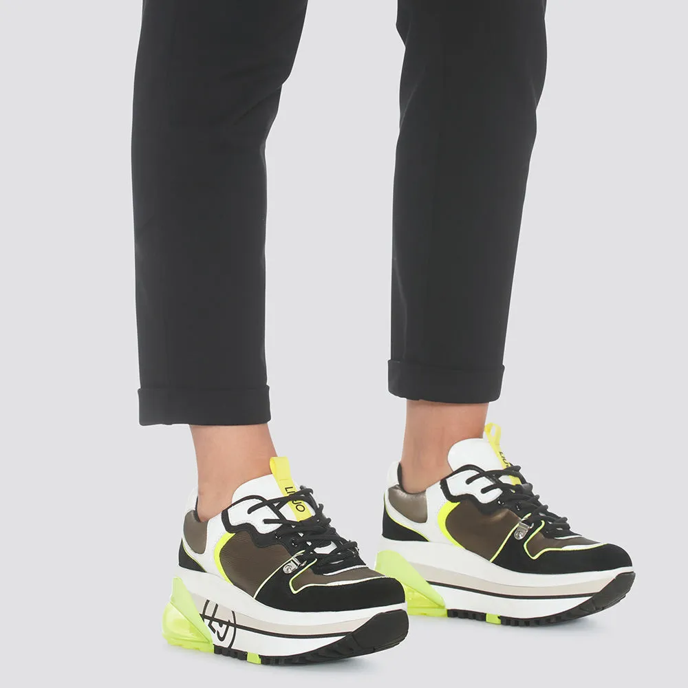 Scarpe Donna LIU JO Sneakers Platform in Pelle colore Bianco Nero e Verde Oliva