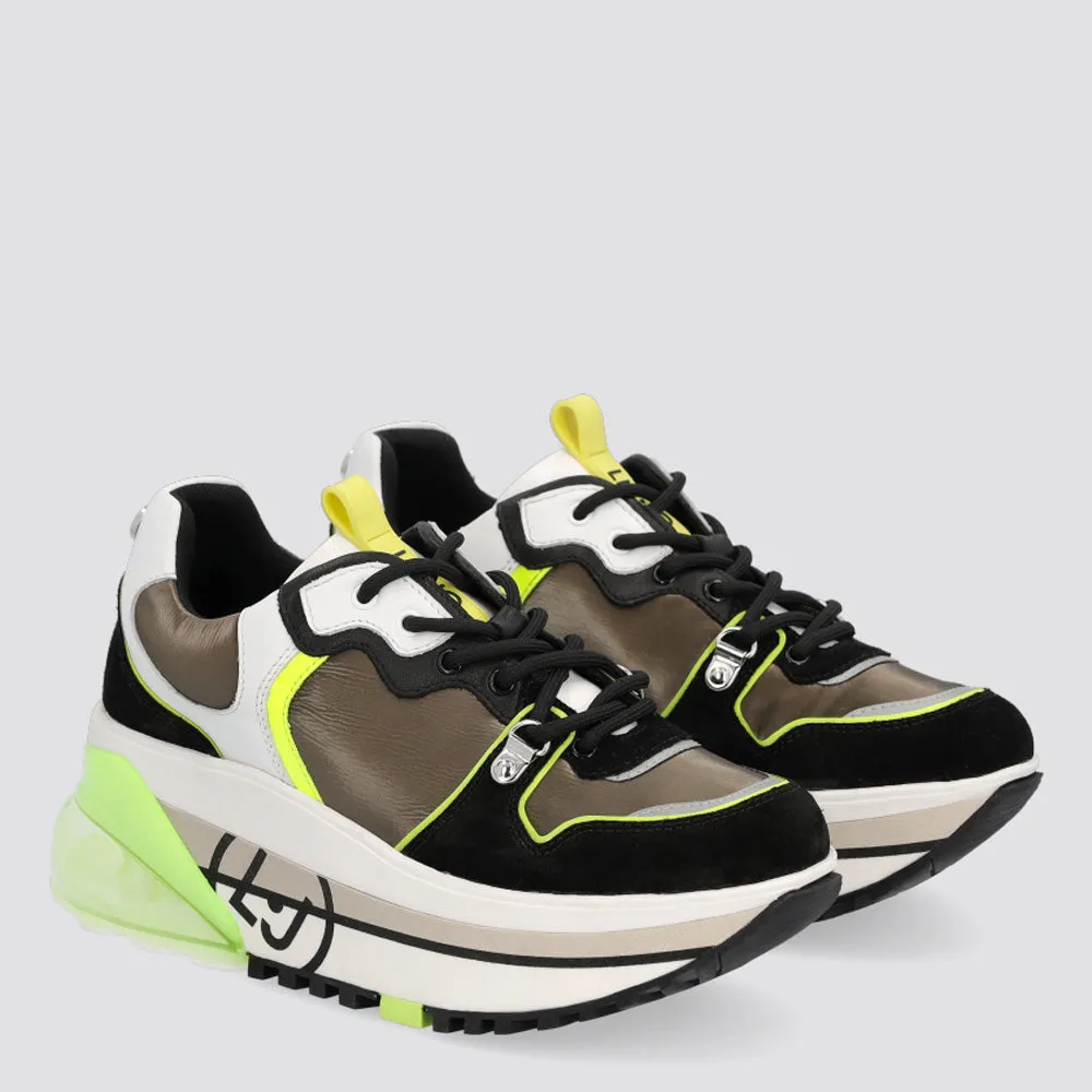 Scarpe Donna LIU JO Sneakers Platform in Pelle colore Bianco Nero e Verde Oliva