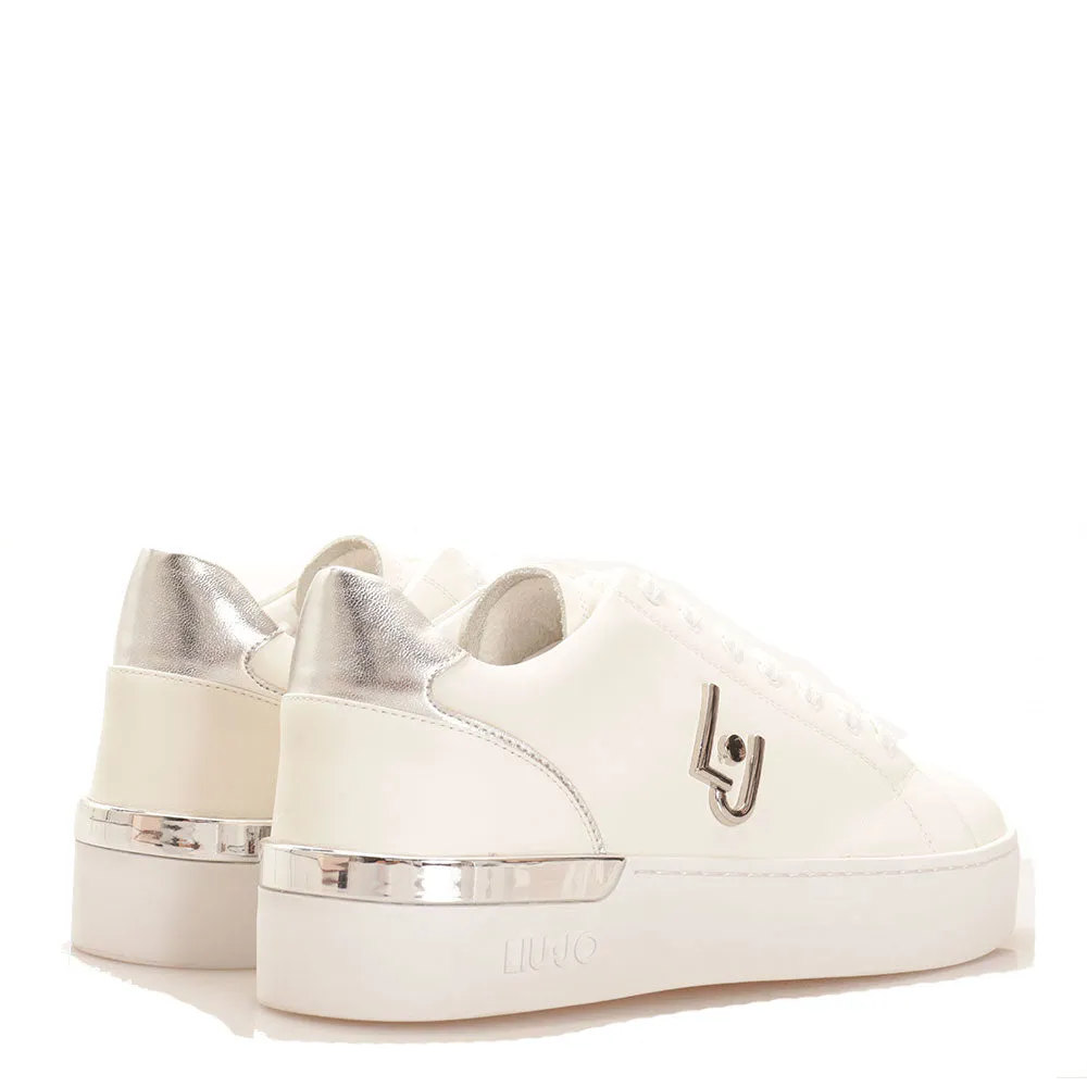 Scarpe Donna LIU JO Sneakers Silvia 01 in Pelle Bianca con Logo e Dettaglio Silver