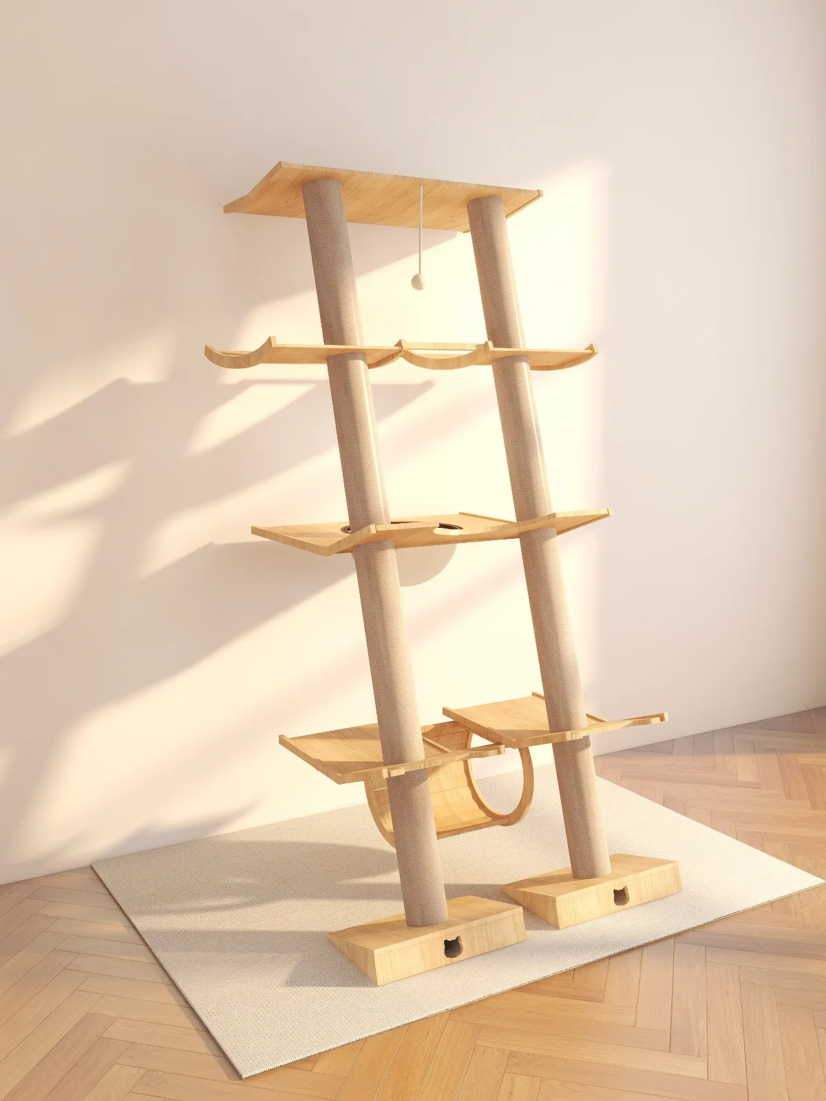 Sleek and Tall Cat Tree Castle 1.9m Cat Tree Tower Solid Wood, Modern Multi-Level Cat Condos, Space Capsule Play House