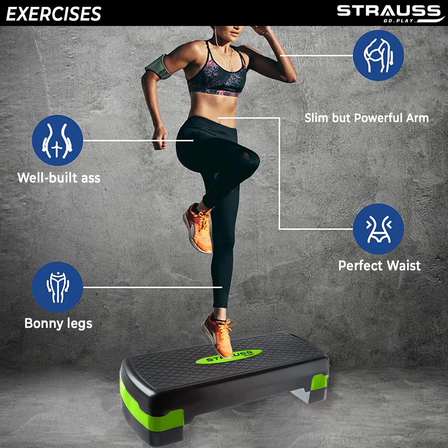 Strauss Aerobic Stepper | Two Height Level Adjustments - 4 inches and 6 inches | Ideal For Cardio Workout, Lower Body Toning and Calorie Burning | Slip-Resistant & Shock Absorbing Platform for Extra-Durability - Supports Upto 200 KG, (Green)