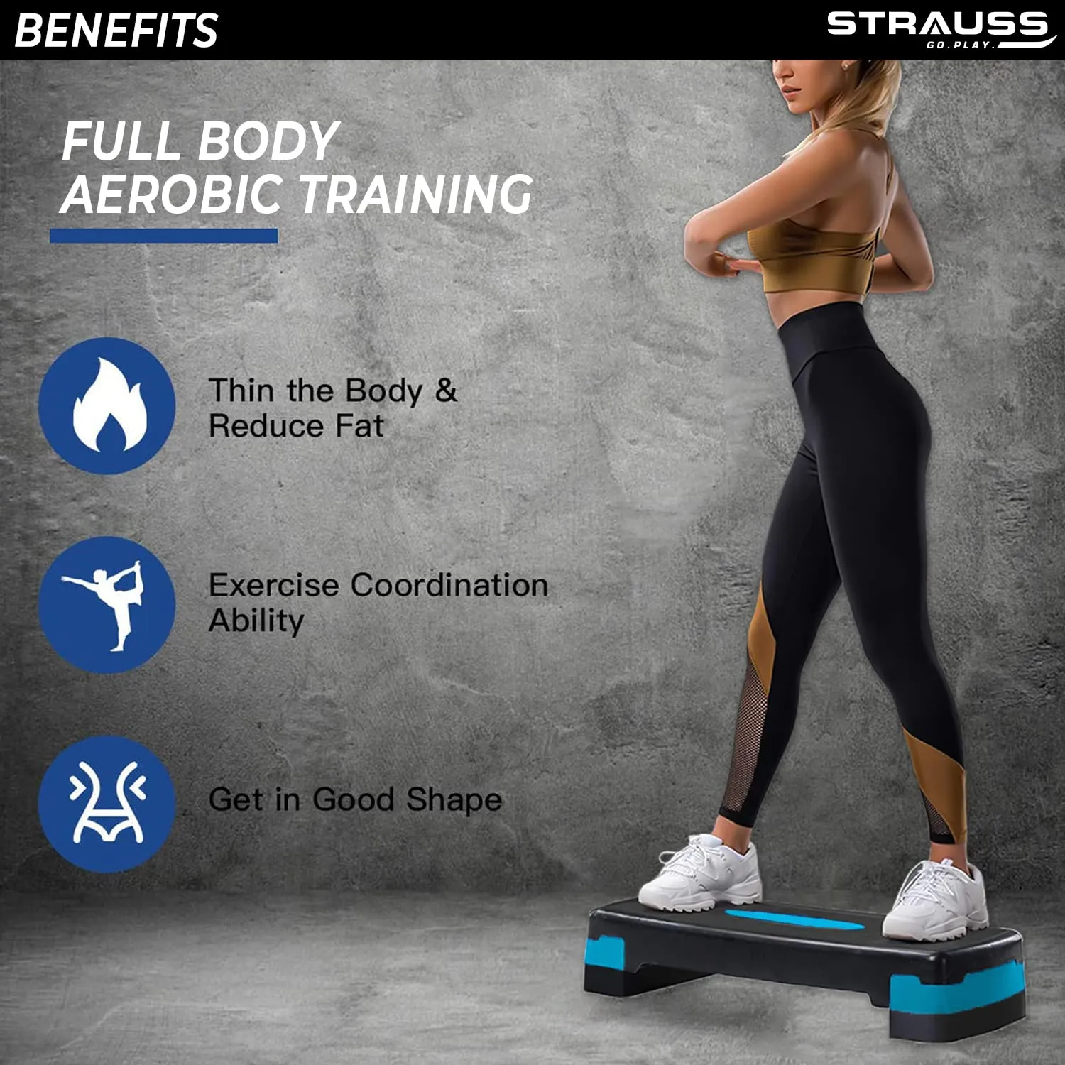 Strauss Aerobic Stepper | Two Height Level Adjustments - 4 inches and 6 inches | Slip-Resistant & Shock Absorbing Platform for Extra-Durability - Supports Upto 200 KG, (Blue)