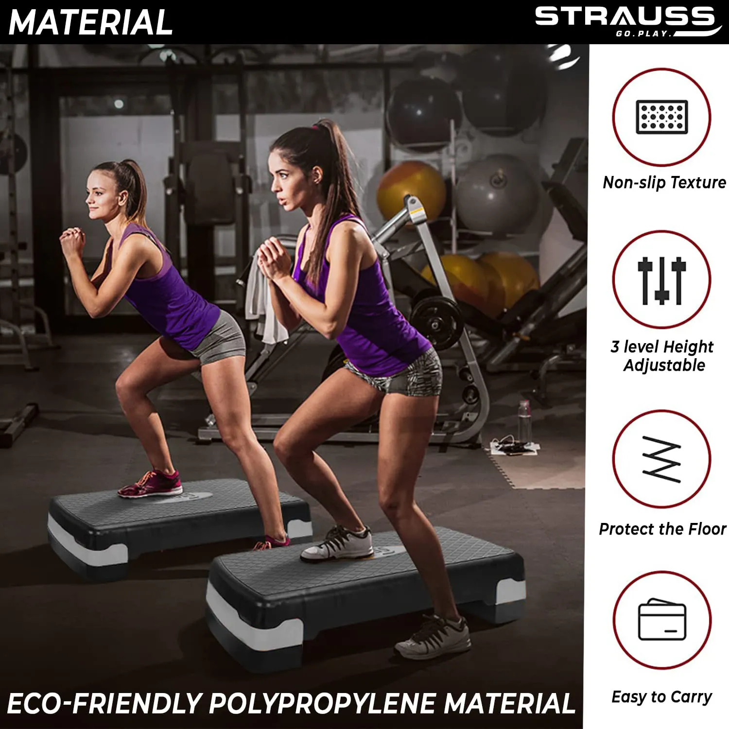 Strauss Aerobic Stepper | Two Height Level Adjustments - 4 inches and 6 inches | Slip-Resistant & Shock Absorbing Platform for Extra-Durability - Supports Upto 200 KG, (Grey)