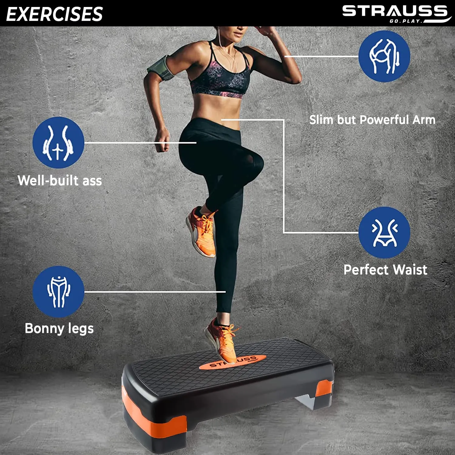 Strauss Aerobic Stepper | Two Height Level Adjustments - 4 inches and 6 inches | Slip-Resistant & Shock Absorbing Platform for Extra-Durability - Supports Upto 200 KG, (Orange)