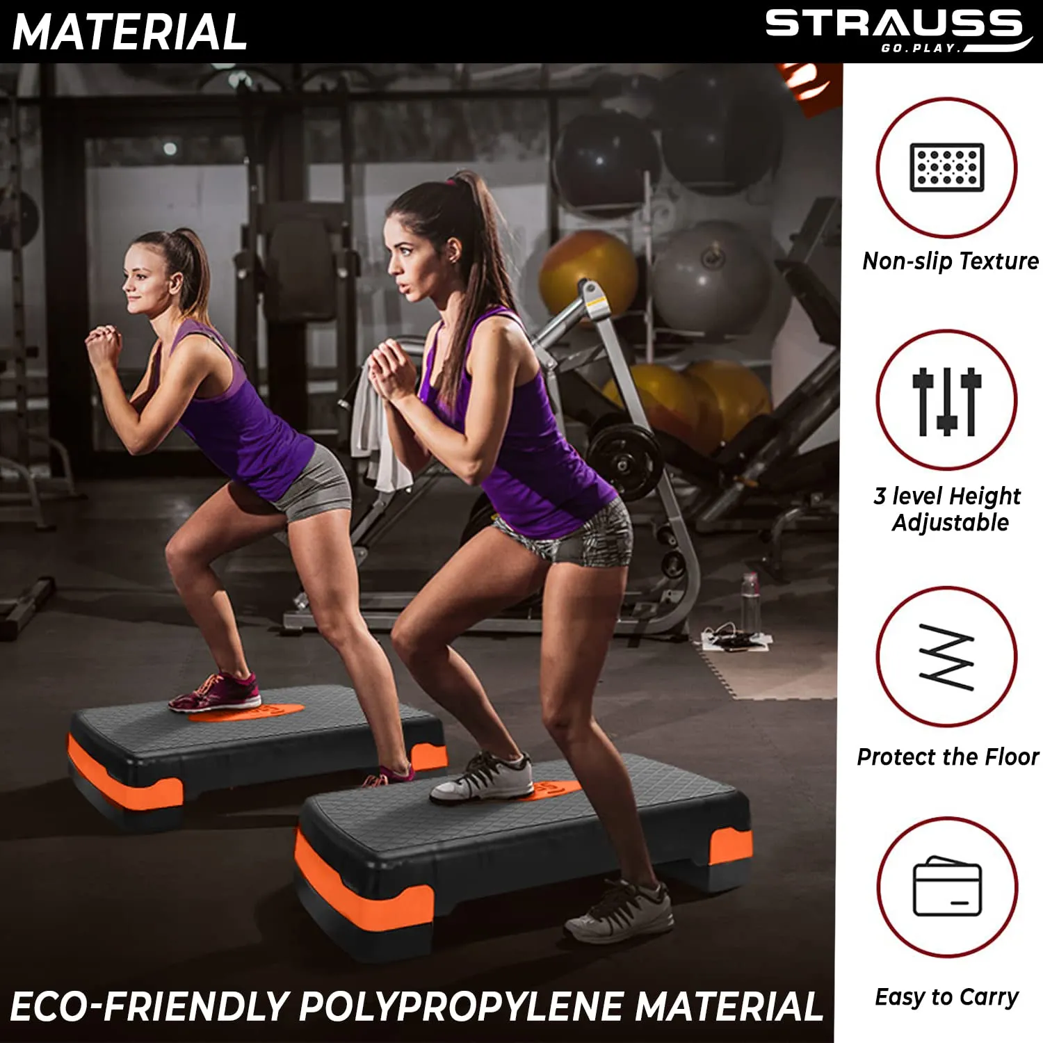 Strauss Aerobic Stepper | Two Height Level Adjustments - 4 inches and 6 inches | Slip-Resistant & Shock Absorbing Platform for Extra-Durability - Supports Upto 200 KG, (Orange)