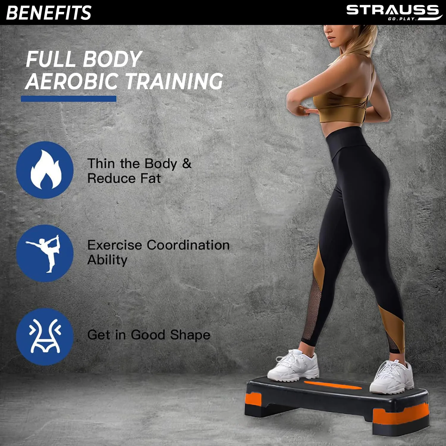 Strauss Aerobic Stepper | Two Height Level Adjustments - 4 inches and 6 inches | Slip-Resistant & Shock Absorbing Platform for Extra-Durability - Supports Upto 200 KG, (Orange)